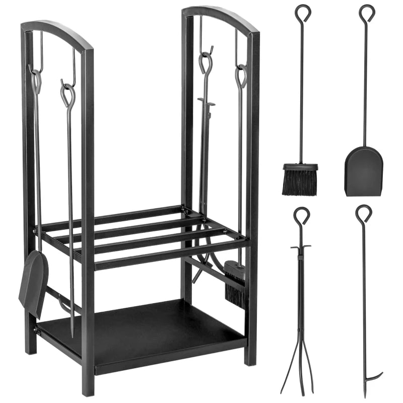 Metal Firewood Storage Rack 2 Layers with Fireplace Tools and Hooks, Black Finish