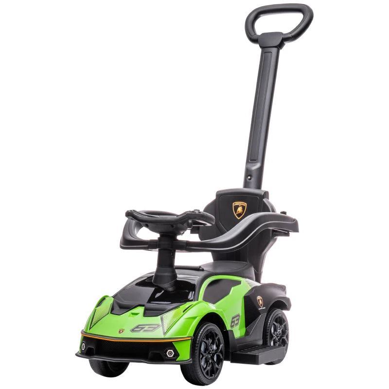 Green 2-in-1 Ride-On Toy and Push Stroller with Horn for Kids – Lamborghini Look