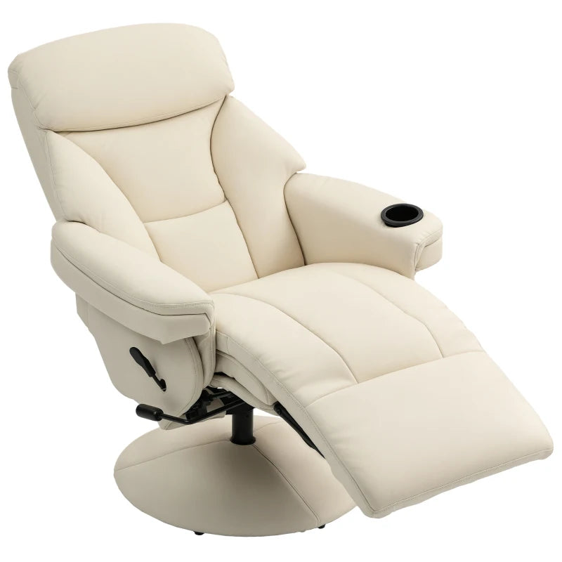 Cream PU Leather Recliner Chair with Footrest, Cup Holder & Swivel Base