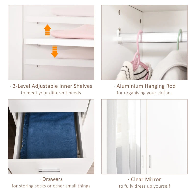 White Wardrobe with Mirror, Hanging Rail, 3 Drawers & Adjustable Shelves