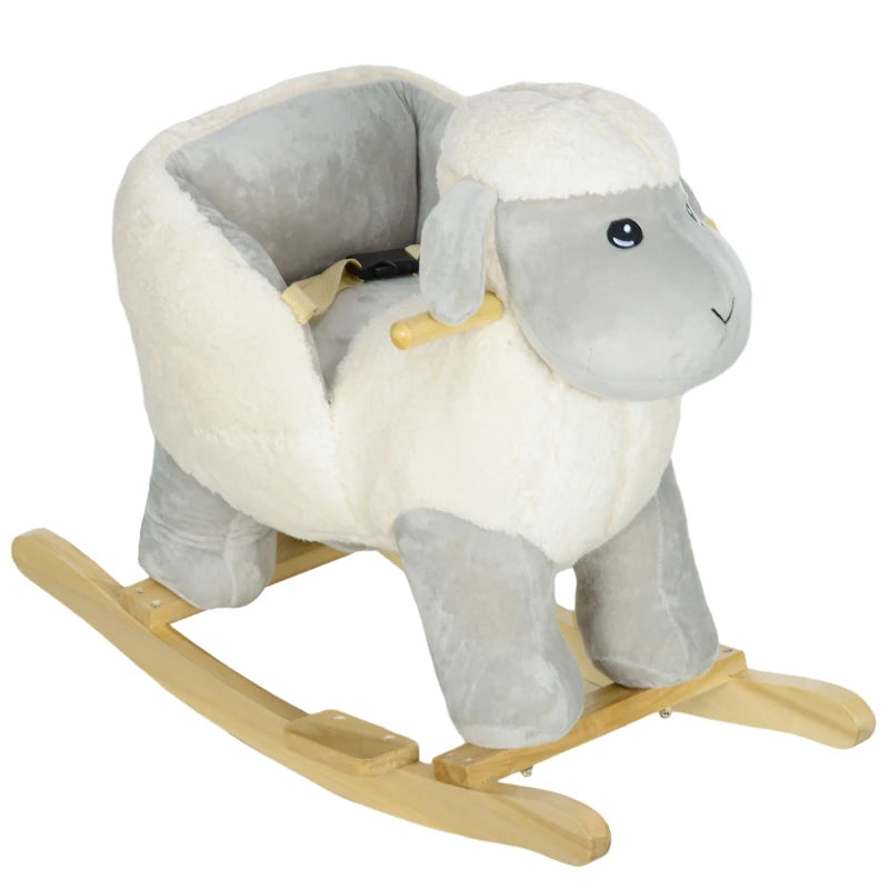 Grey Lamb Rocking Horse Ride-On with Safety Harness and Sound for Toddlers