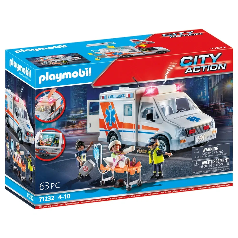 Playmobil City Action 71232 Ambulance Set with Lights & Sounds, 63 Pieces