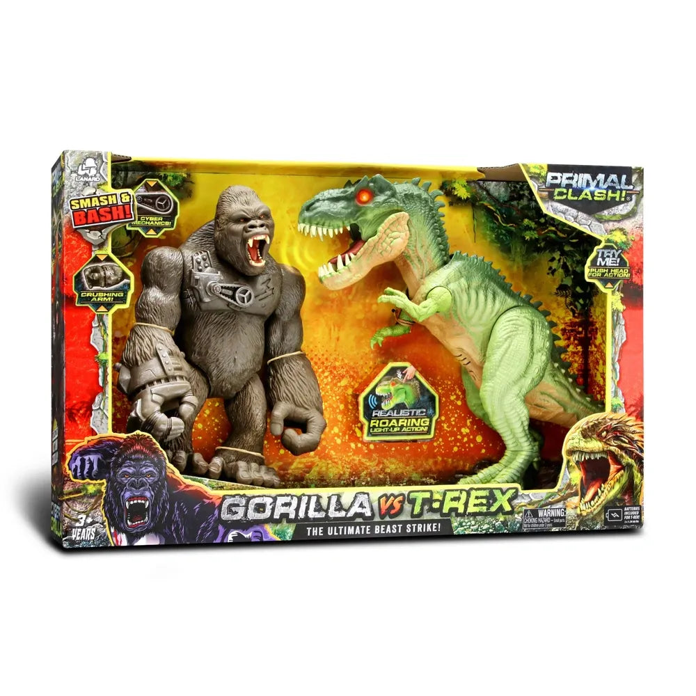 Primal Clash Action Figures 2-Pack: Gorilla vs T-Rex Dinosaur Battle Toy