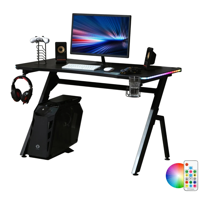 Black Gaming Desk with RGB Lights, Cup Holder & Headphone Hook