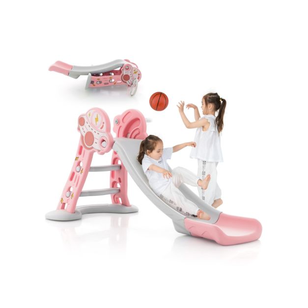 3-in-1 Indoor Slide with Basketball Hoop and Mini Basketball for Kids’ Active Play