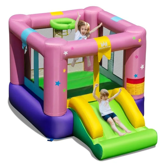 Kids Inflatable Bounce House with Slide and Basketball Rim (No Blower)