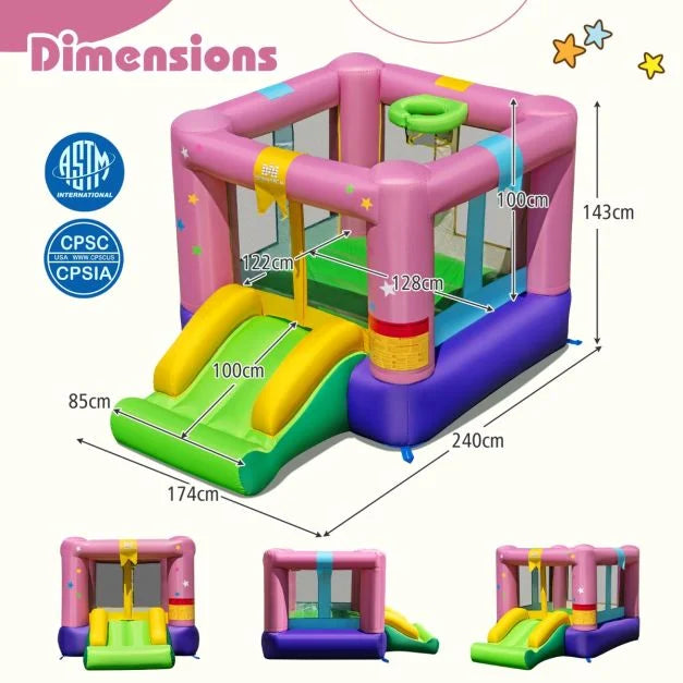 Kids Inflatable Bounce House with Slide and Basketball Rim (No Blower)