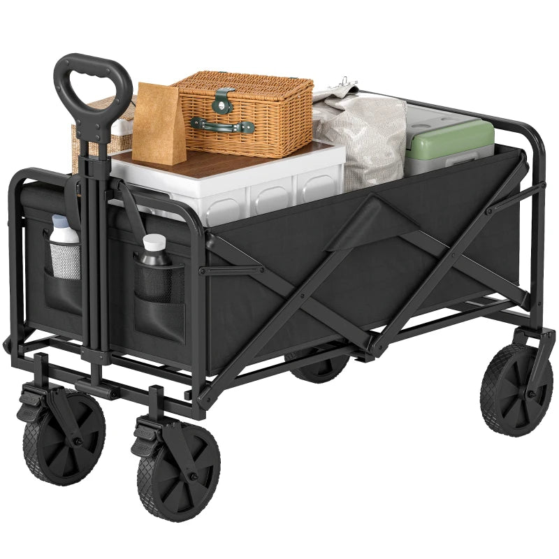 Folding Steel Garden Storage Cart with Wheels and Handle – Black Outdoor Utility Wagon