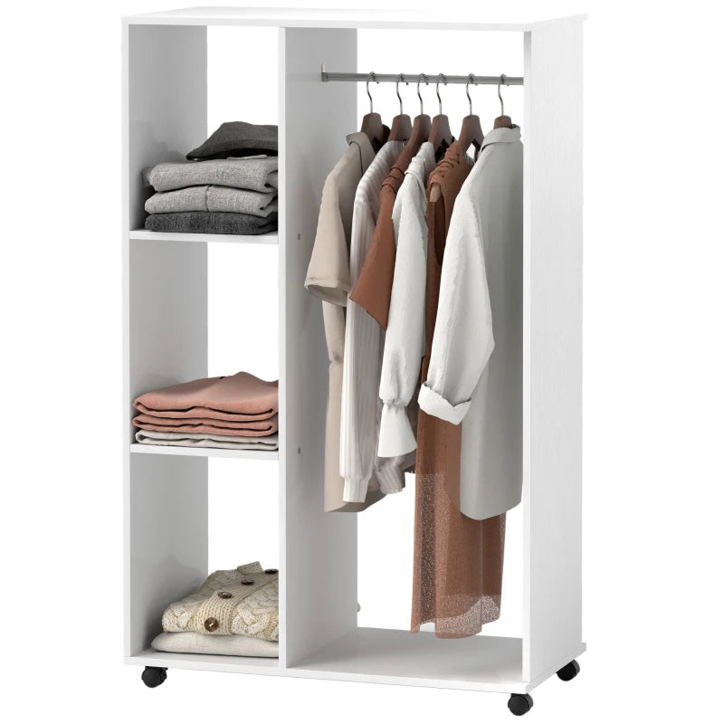 Bedroom Wardrobe with Hanging Rail, 3 Shelves & Wheels, White Finish