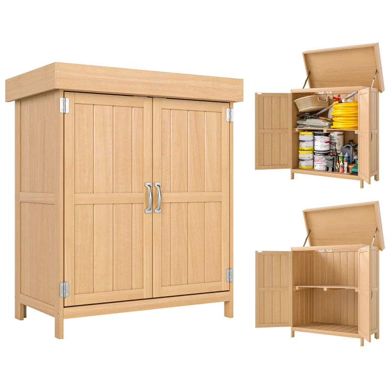 Compact Wooden Garden Shed with Hinged Roof, Removable Shelf & Double Doors Outdoor Storage