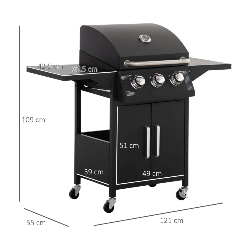 3 Burner Gas BBQ Grill with Thermometer, Side Shelves & Cabinet – Outdoor, Black Steel