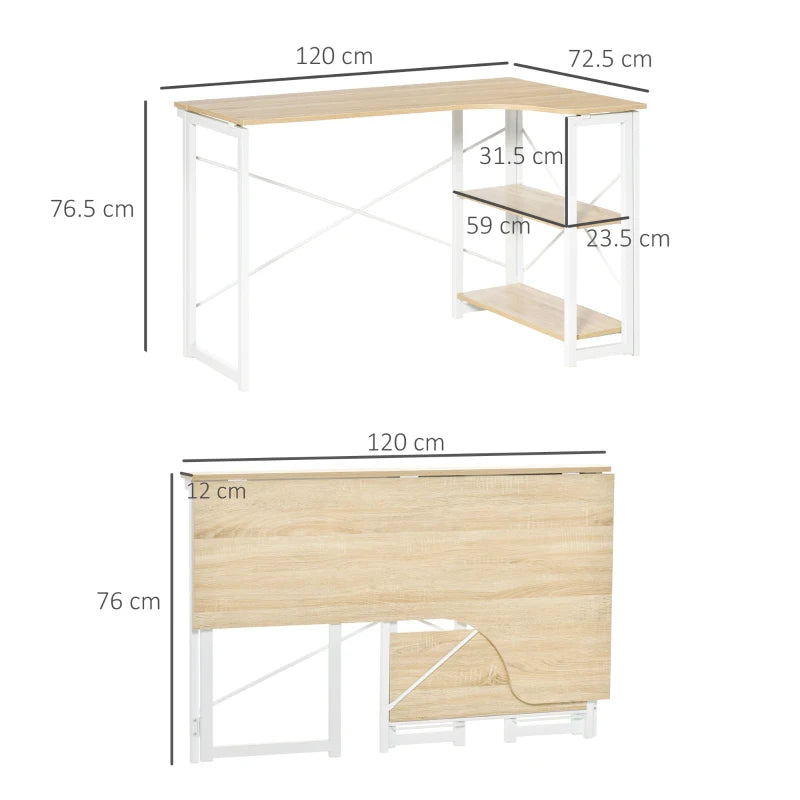 Folding Corner Computer Desk – Oak Tone, Storage Shelves