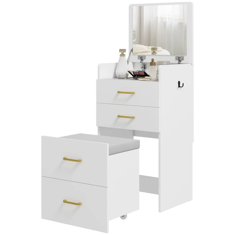 Makeup Vanity with Flip Mirror, Storage Stool & Side Hook, White