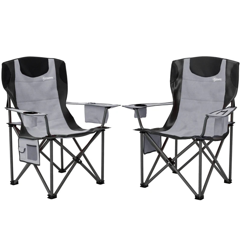2-Pack Folding Camp Chairs – Adjustable Armrests, Grey with Storage