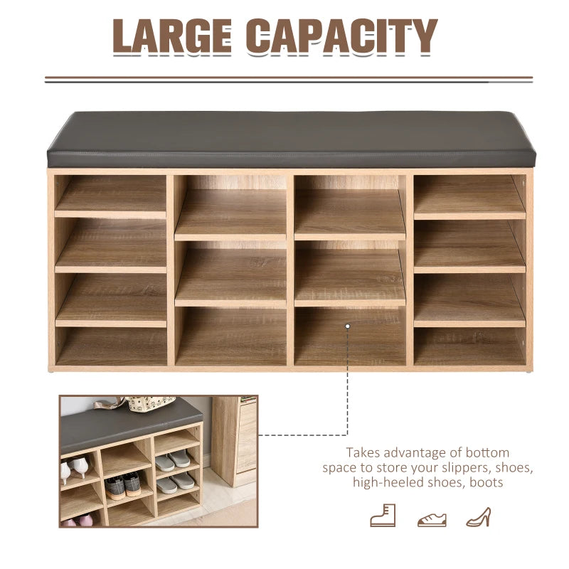 Brown Shoe Rack with Seat, 14 Compartments, Solid Frame, Foot Pads