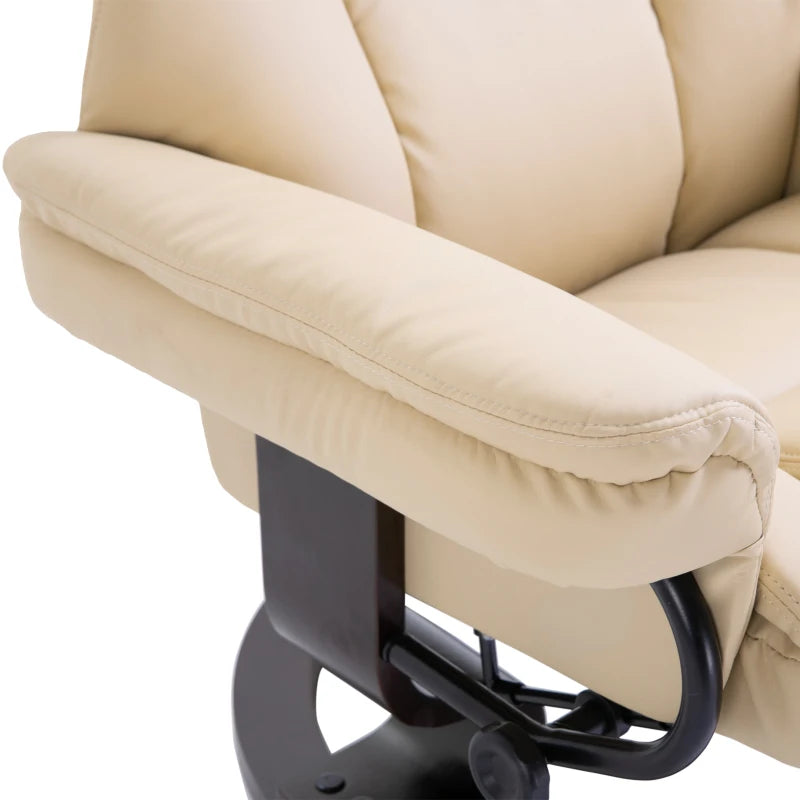 PU Leather Recliner Chair – 360° Swivel with Footstool, Cream, Wood Base