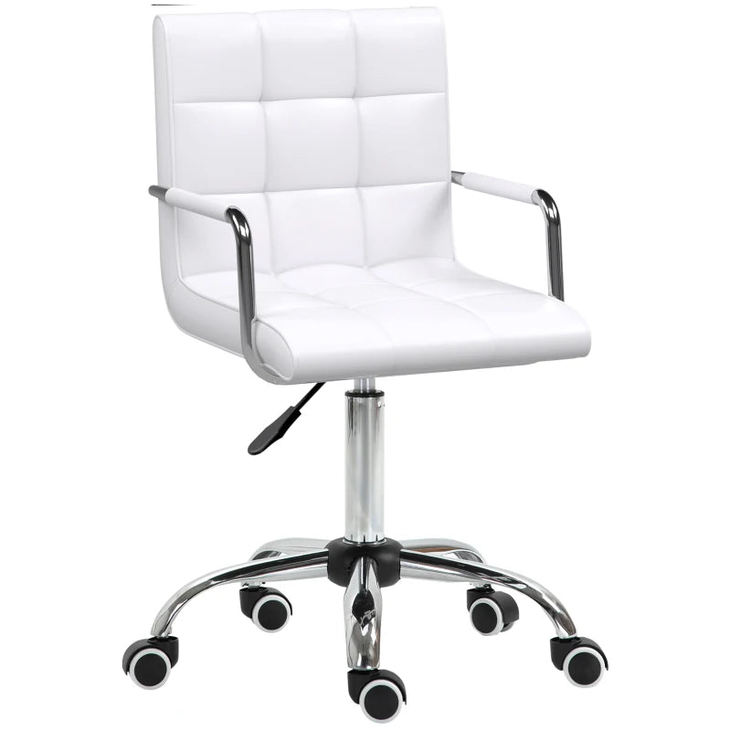 Rolling Study Chair with Armrests – White PU Leather Swivel Chair