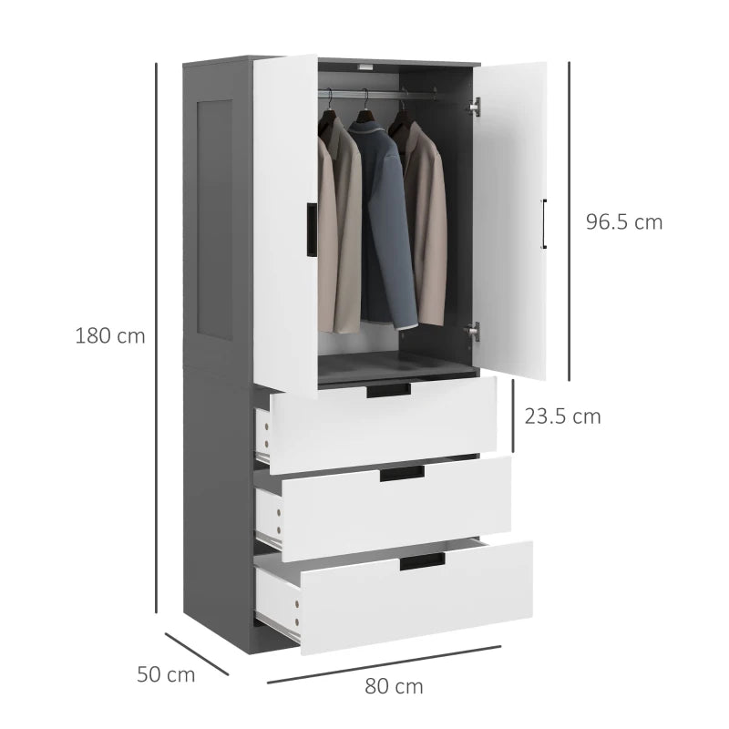 2 Door Bedroom Wardrobe with Hanging Rod & 3 Drawers, Modern Grey