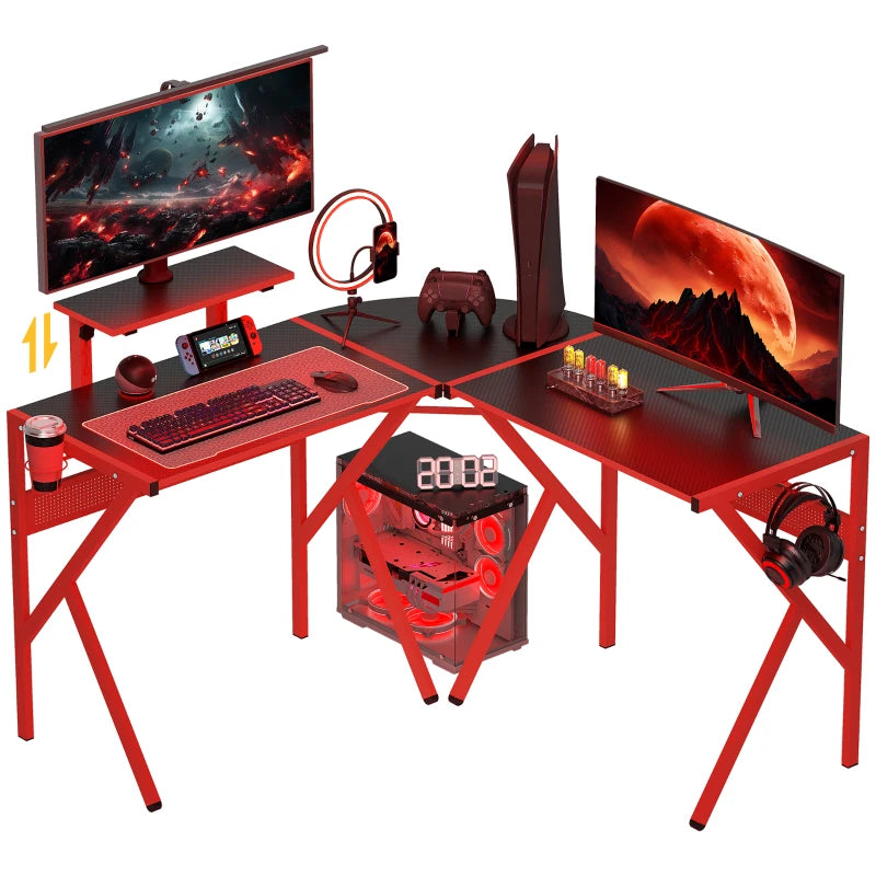 Red L-Shaped Gaming Desk with Monitor Stand & Accessories