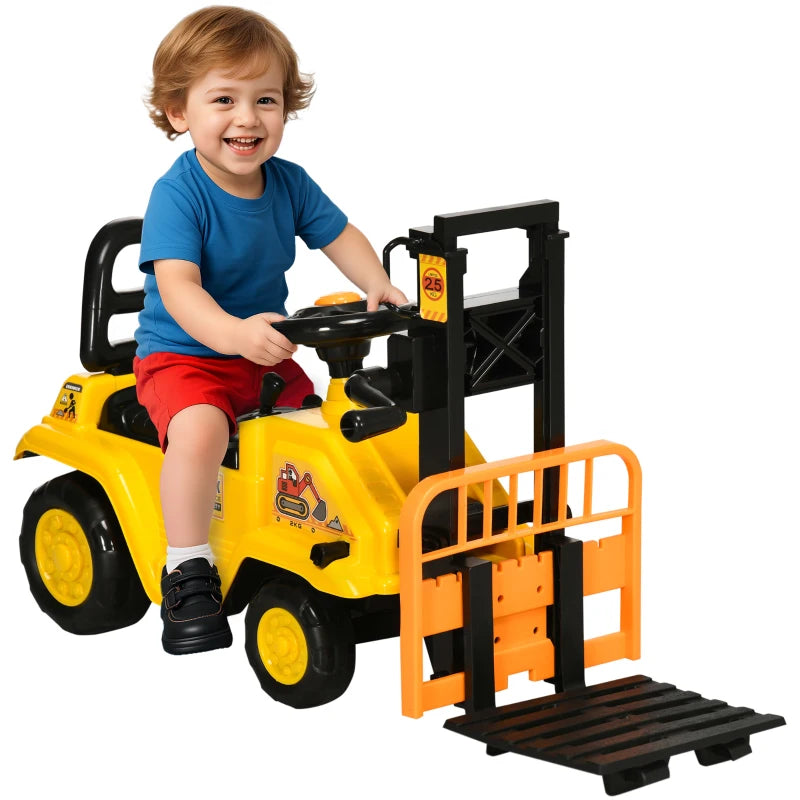 Yellow Ride-On Construction Toy for Kids with Fork, Tray, and Authentic Sound Effects