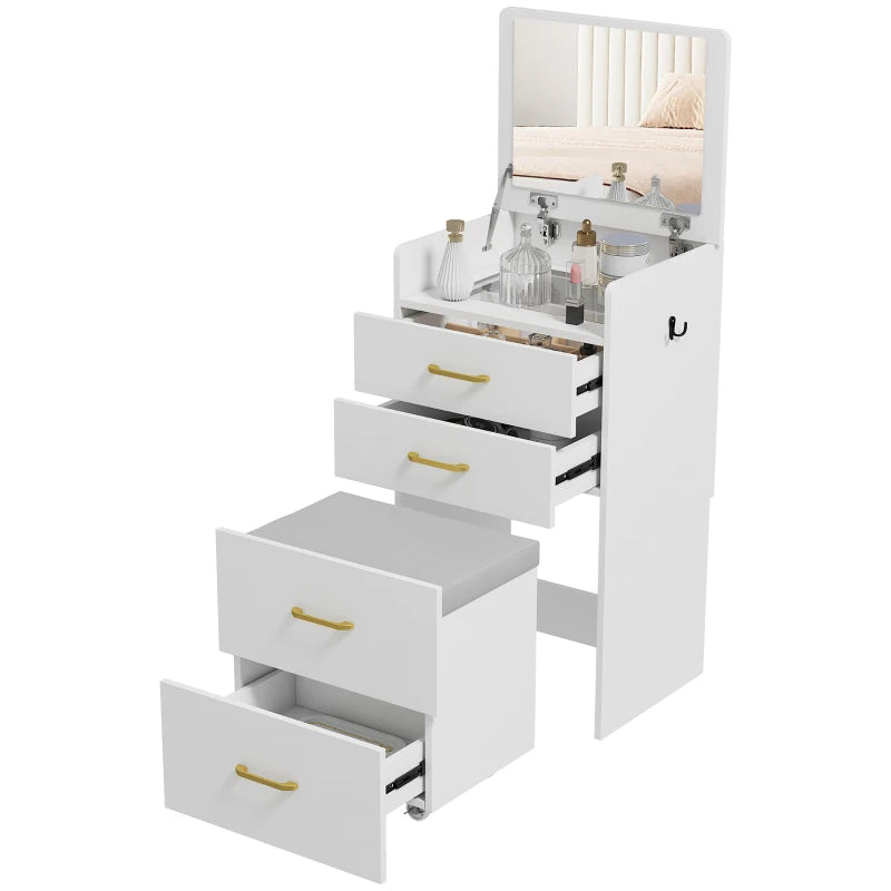 Makeup Vanity with Flip Mirror, Storage Stool & Side Hook, White