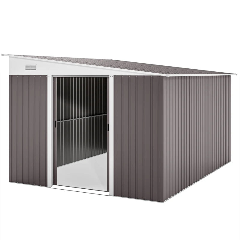 Lean-To Metal Garden Shed with Double Sliding Doors & Vents, Galvanised, 11.3x9.2ft, Grey