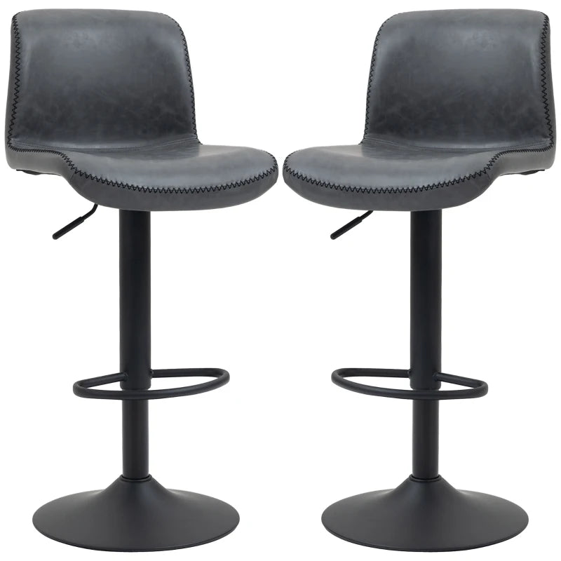 Set of 2 Bar Stools – Dark Grey PU Leather with Backrest & Footrest