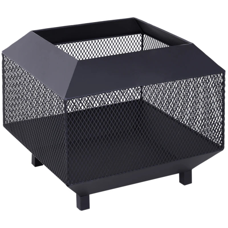 Square Metal Fire Pit with Mesh Cover, Log Grate & Poker for Bonfires, 44x44x40cm