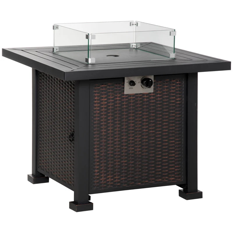 Smokeless Gas Fire Pit Table 50,000 BTU with Lid, Glass Screen, Black 81x81x64cm