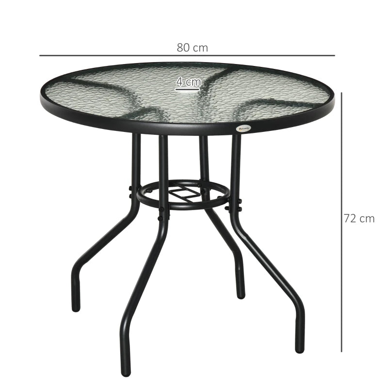 Tempered Glass Top Round Outdoor Table 80cm with Steel Frame and Parasol Hole Included