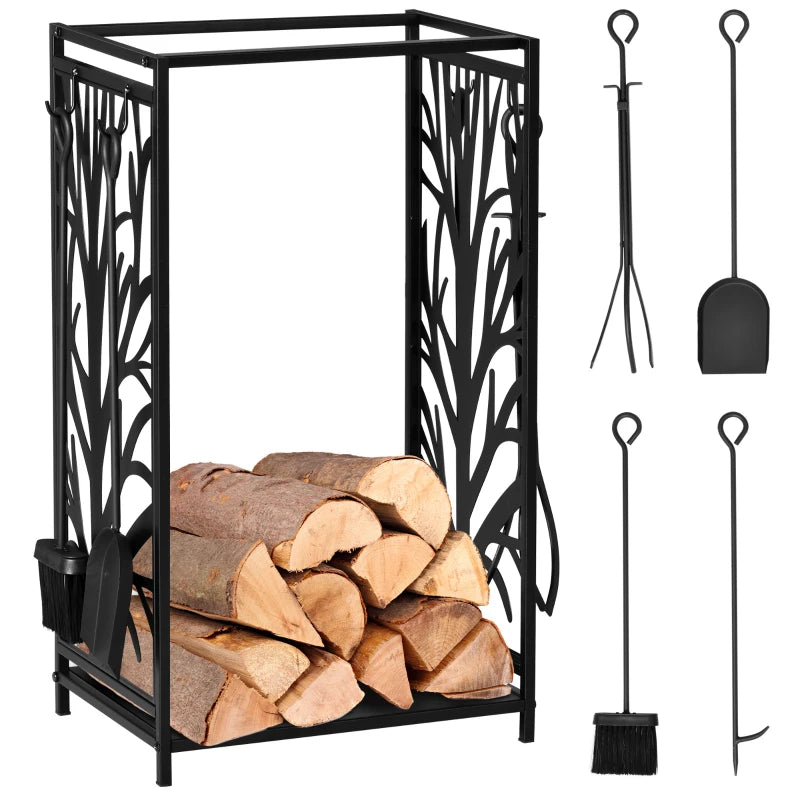 Steel Firewood Storage Rack with Tool Set – Indoor Outdoor Use, Tree Design