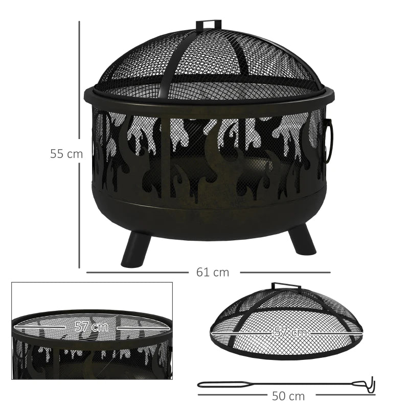 Steel BBQ Fire Pit with Poker, Black Outdoor Heater and Grill