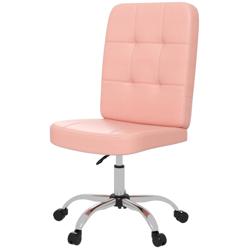 Pink Swivel Office Chair – Armless, Faux Leather