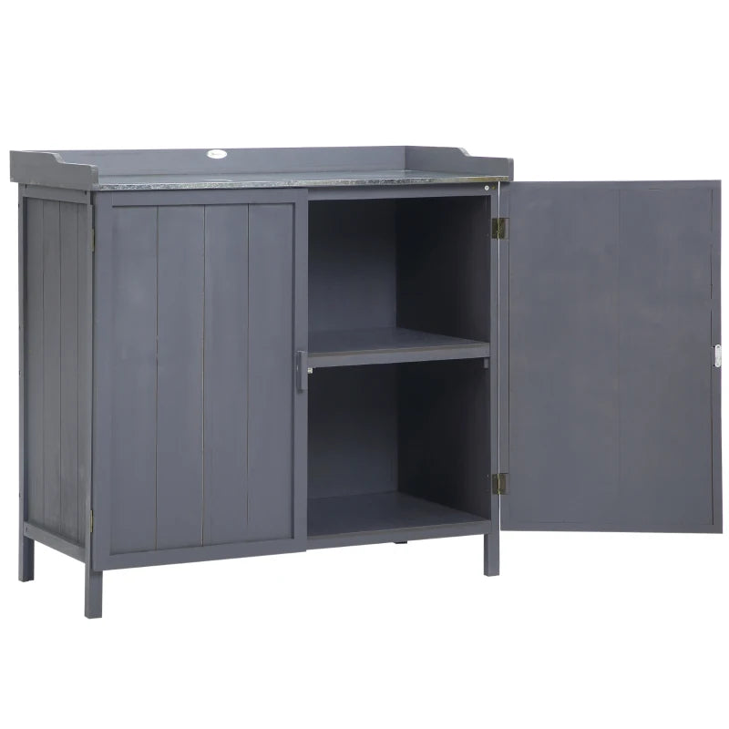 Grey Outdoor Storage Cabinet & Potting Bench with Galvanized Top and Shelves for Tools