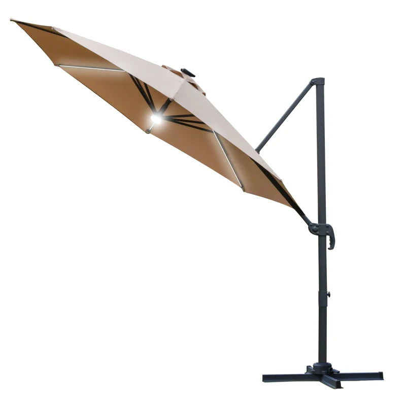 Stylish Brown Outdoor Cantilever Parasol with Solar LED Lights and Durable Base, 3m