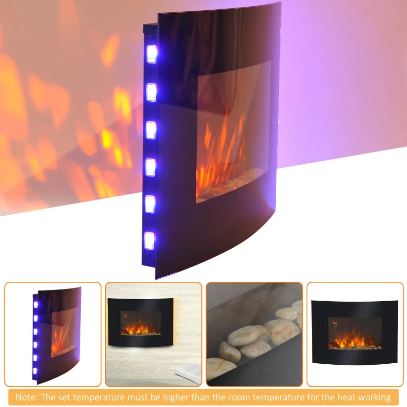 Curved Glass Wall Fireplace with LED Lights, 900/1800W, 65x52cm