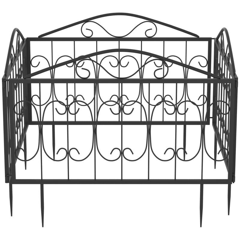 Black Metal Picket Fence Panels, Set of 4, Rustproof Outdoor Garden Border Edging