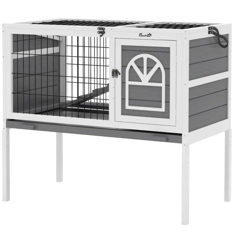 Wooden Rabbit Hutch with Roof & Tray – Grey