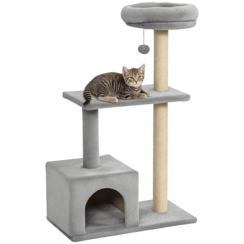 Grey Cat Tower 96cm with Sisal Post & Dangling Ball Toy