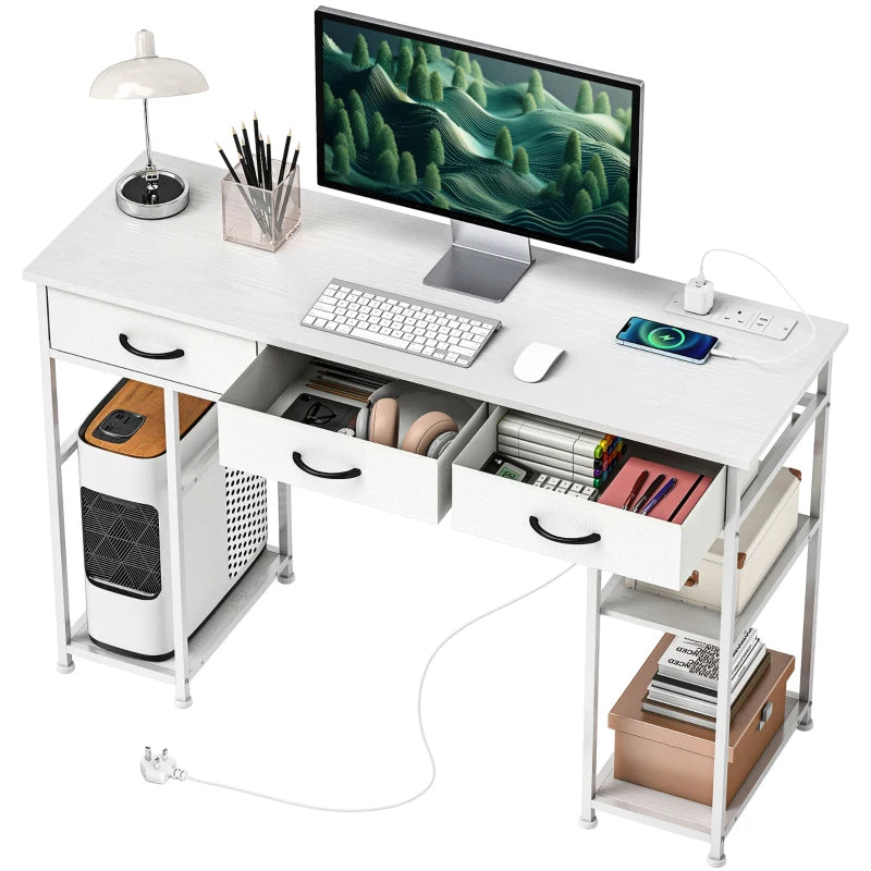 White Computer Desk with Fabric Drawers & Shelves, 120cm