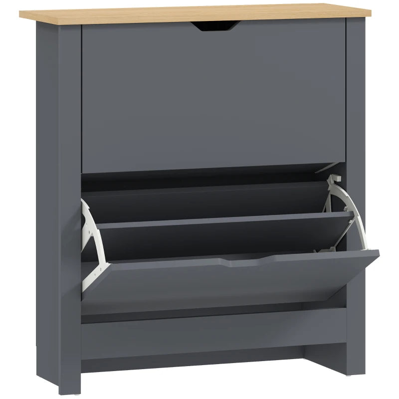 Charcoal Grey Slim Shoe Cabinet – Holds 12 Pairs, 2 Flip Drawers