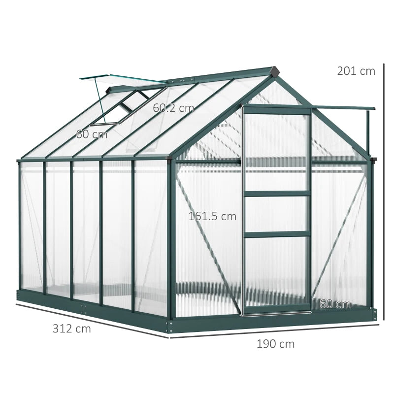 Walk-In Polycarbonate Greenhouse with Door, Window & Frame, Dark Green, 6x10ft