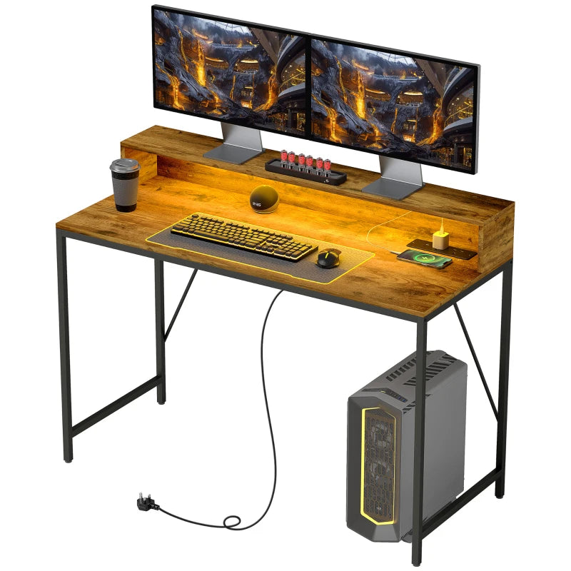 Home Office Desk – 120cm Rustic Brown with LED Lighting & USB Ports