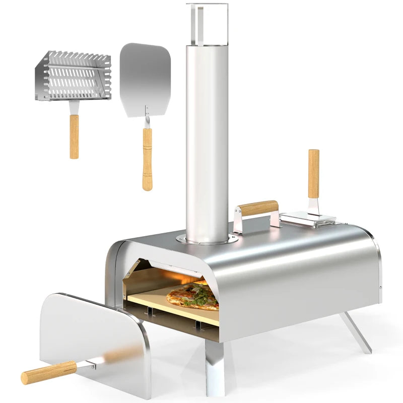 Wood Pellet Pizza Oven Portable with 12" Stone, Peel, Chimney, Foldable Legs, Stainless