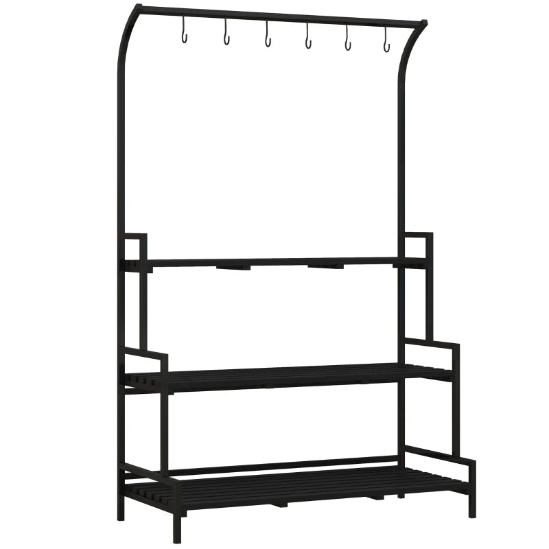 Stylish Black Plant Rack with Hanging Hooks – Tall Plant Stand, Indoor/Outdoor, 3-Tier