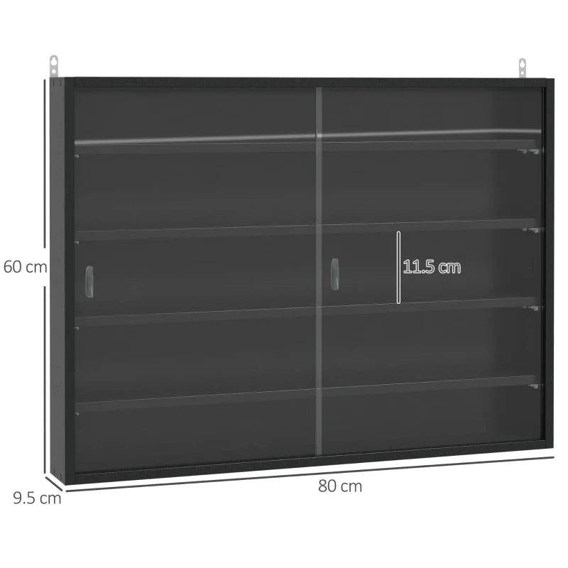 Black Wall Cabinet with Glass Doors, 5-Tier, 60x80cm Display