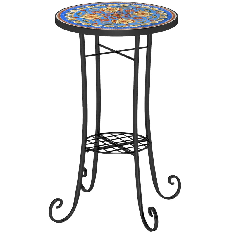 Mosaic Garden Side Table 35.5cm Round with Ceramic Tile Top and Storage Shelf, Blue