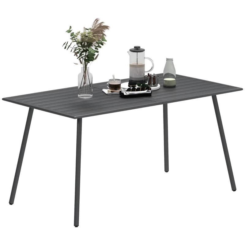 Rectangle Outdoor Garden Table with Slat Top, Steel Frame, Seats 6, Grey 150x80x74cm