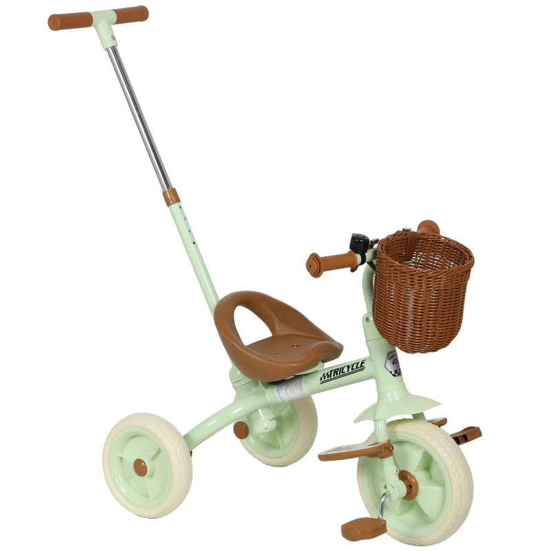 Adjustable Handle Toddler Trike 2-in-1, 3 Wheels, Basket, for Boys and Girls, Green