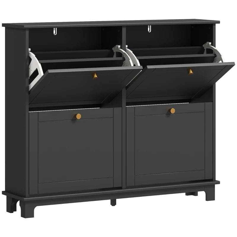 Black Narrow Shoe Cabinet, 4 Flip Drawers, Adjustable Shelves